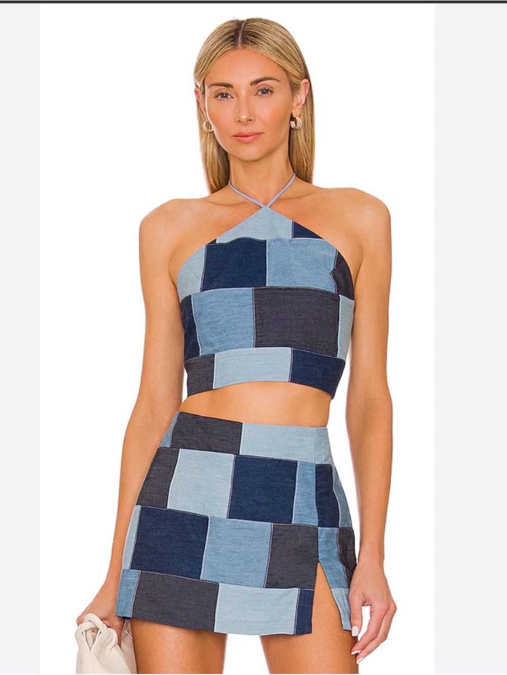 Amanda Uprichard Patchwork Denim Mini Skirt in Light & Dark Blue